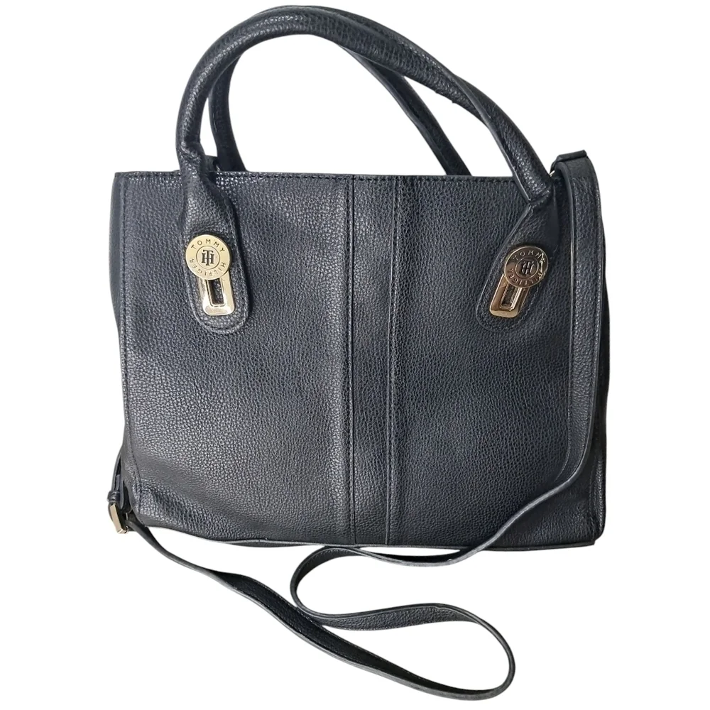Tommy Hilfiger Black Satchel Shoulder Crossbody Bag | Gold Monogram | Classic